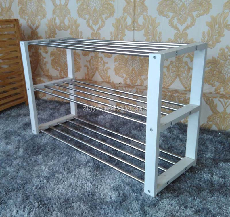 Wood stainless steel metal tube standing shoe rack designs