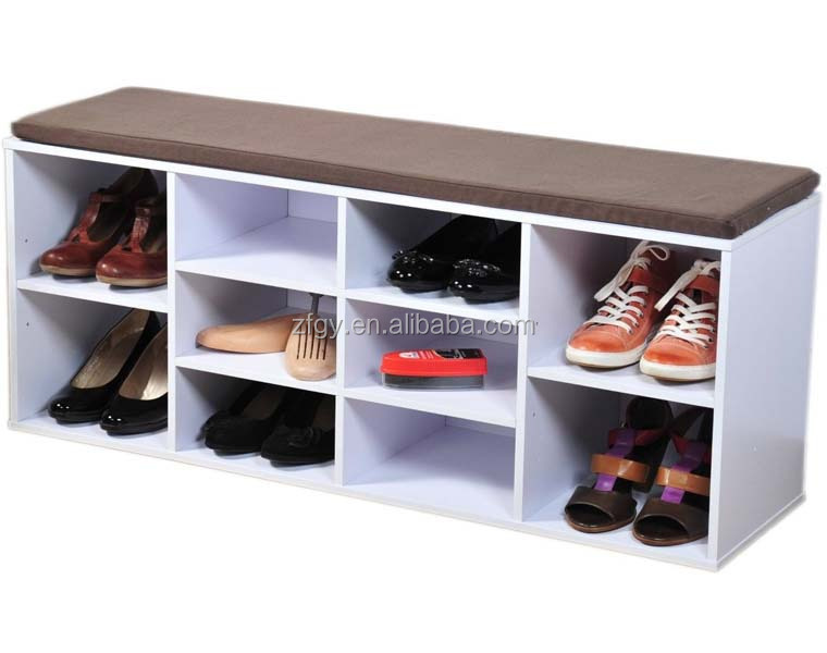 White 10 Cube Shoe Storage Rack Bench with Removable Cushion