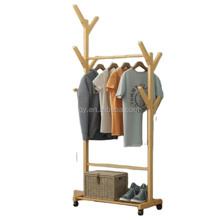 Freestanding wooden clothing store display rack with wheels