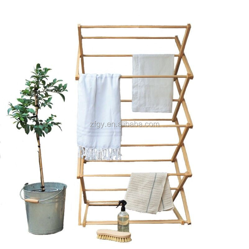 Folding wooden clothes drying rack