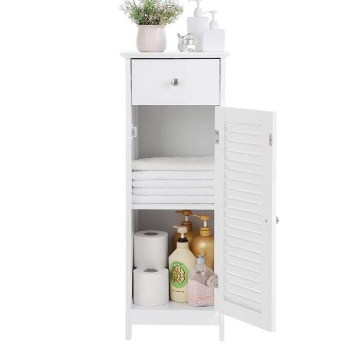 White solid wood bathroom Floor Cabinet Storage Organizer Set with Drawer and Single Shutter Door