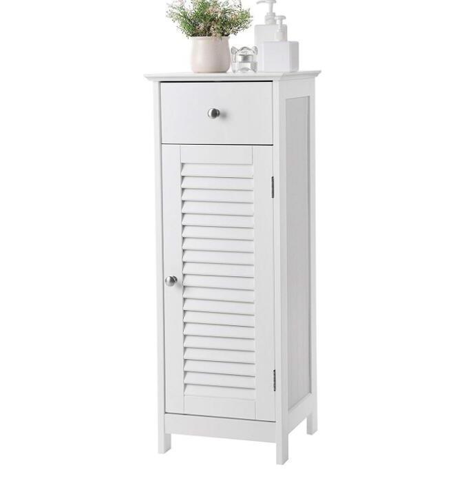 White solid wood bathroom Floor Cabinet Storage Organizer Set with Drawer and Single Shutter Door