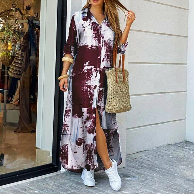 New Autumn Long Shirt Dresses Long Sleeve Cotton Dress Women Pocketed Fashion Print Elegant Casual Dress  Plus Size