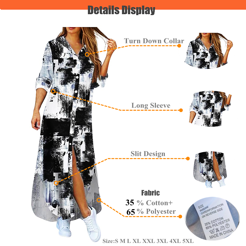 New Autumn Long Shirt Dresses Long Sleeve Cotton Dress Women Pocketed Fashion Print Elegant Casual Dress  Plus Size