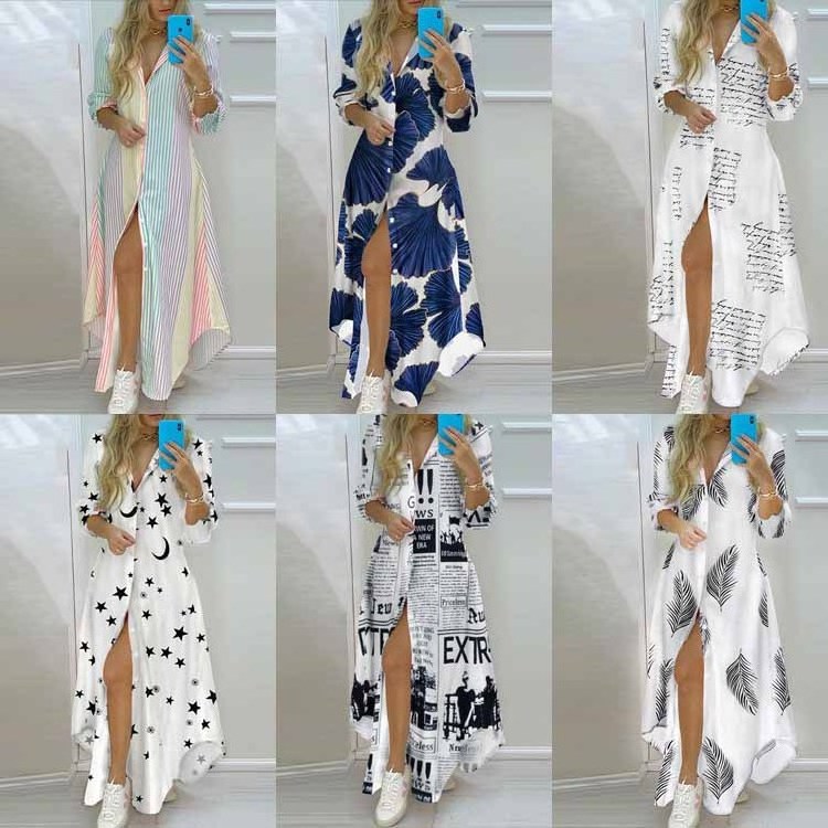 Women Single Breasted Irregular Long Dress Newspaper Letter Print Dress Spring Summer 2022