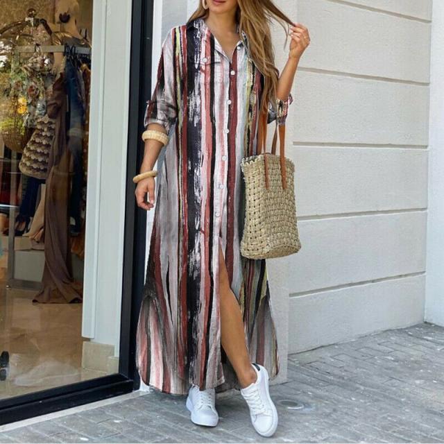 New Autumn Long Shirt Dresses Long Sleeve Cotton Dress Women Pocketed Fashion Print Elegant Casual Dress  Plus Size