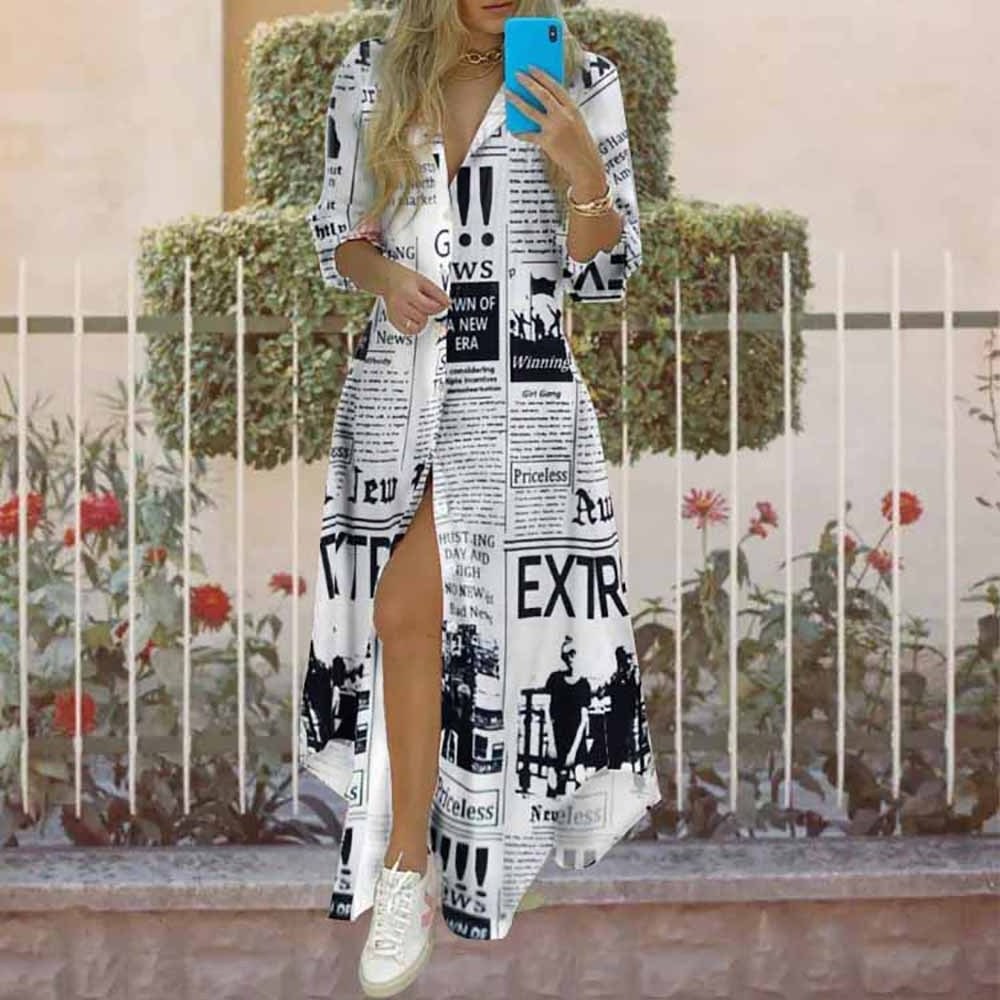 Women Single Breasted Irregular Long Dress Newspaper Letter Print Dress Spring Summer 2022