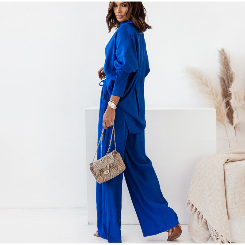 Women Casual 2 Piece Set Long Sleeve Solid Shirt + Wide Leg Pants Set Autumn Spring Lady Loose Matching Suit