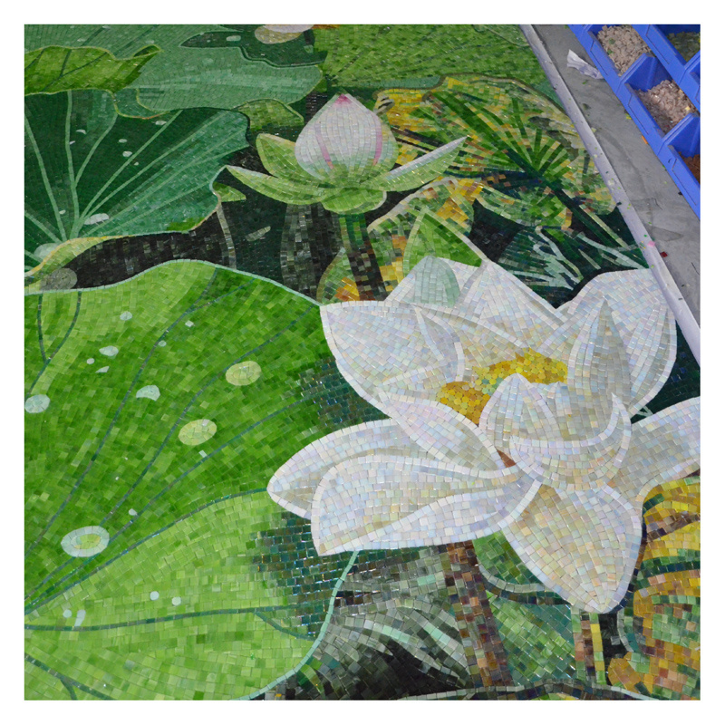 ZF White pink lotus flower mosaic tile and green lotus leaf mosaic mural for living room wall decor