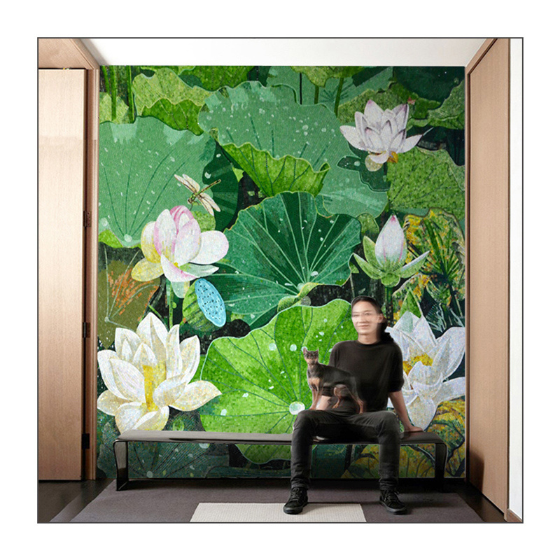 ZF White pink lotus flower mosaic tile and green lotus leaf mosaic mural for living room wall decor