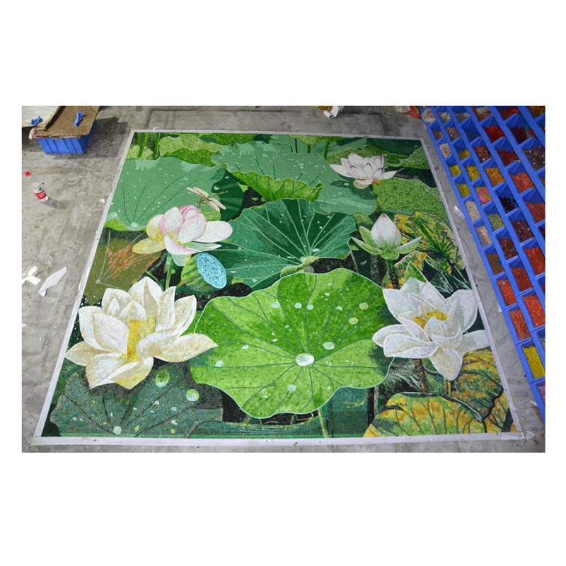 ZF White pink lotus flower mosaic tile and green lotus leaf mosaic mural for living room wall decor