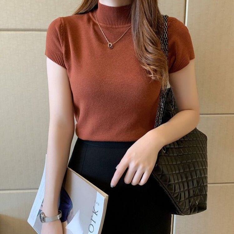 Southeast Asian women's semi-turtleneck undershirt spring and summer short-sleeved knit sweater tight sweater short top