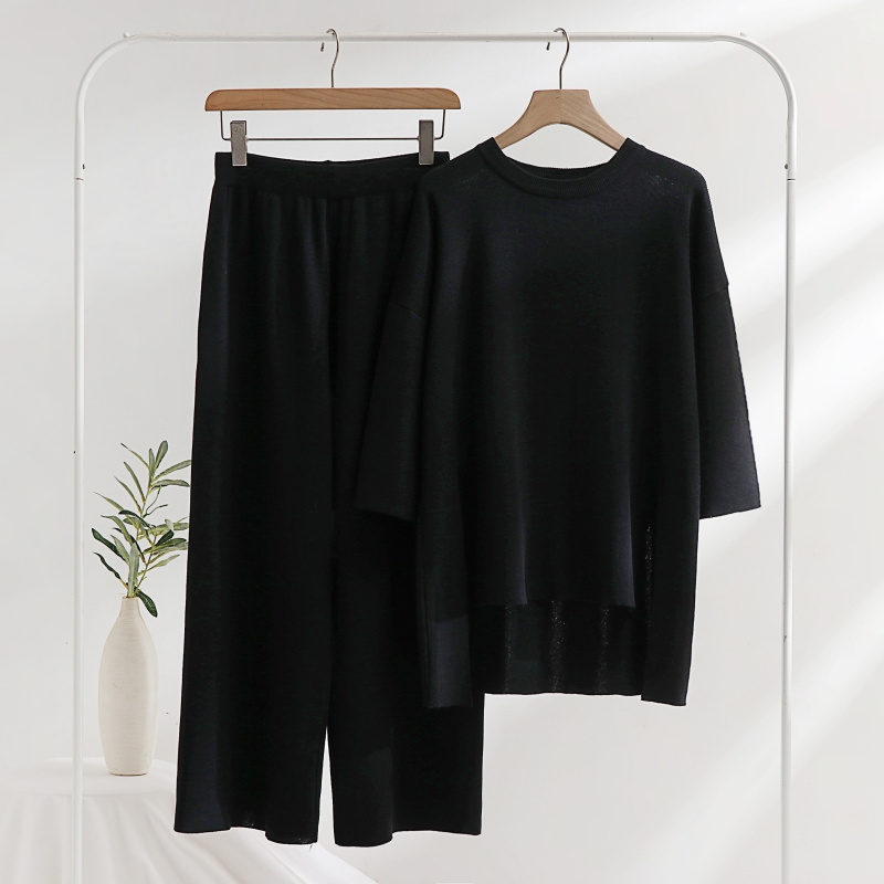 Spring and summer knit two-piece women's short front and long back split jumper mid-sleeve top loose wide-leg pants