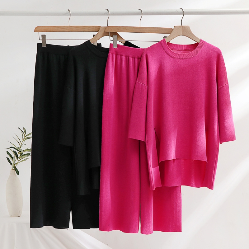 Spring and summer knit two-piece women's short front and long back split jumper mid-sleeve top loose wide-leg pants