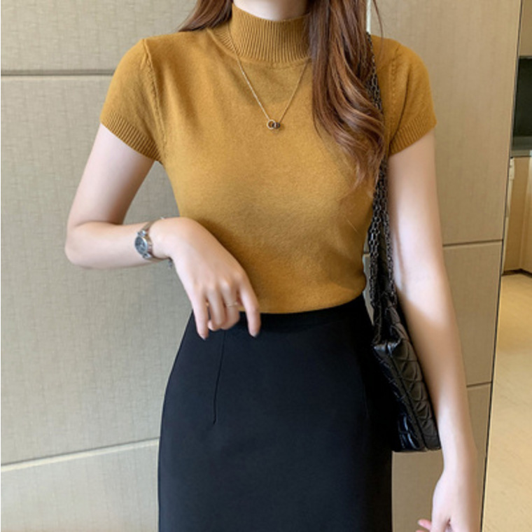 Southeast Asian women's semi-turtleneck undershirt spring and summer short-sleeved knit sweater tight sweater short top