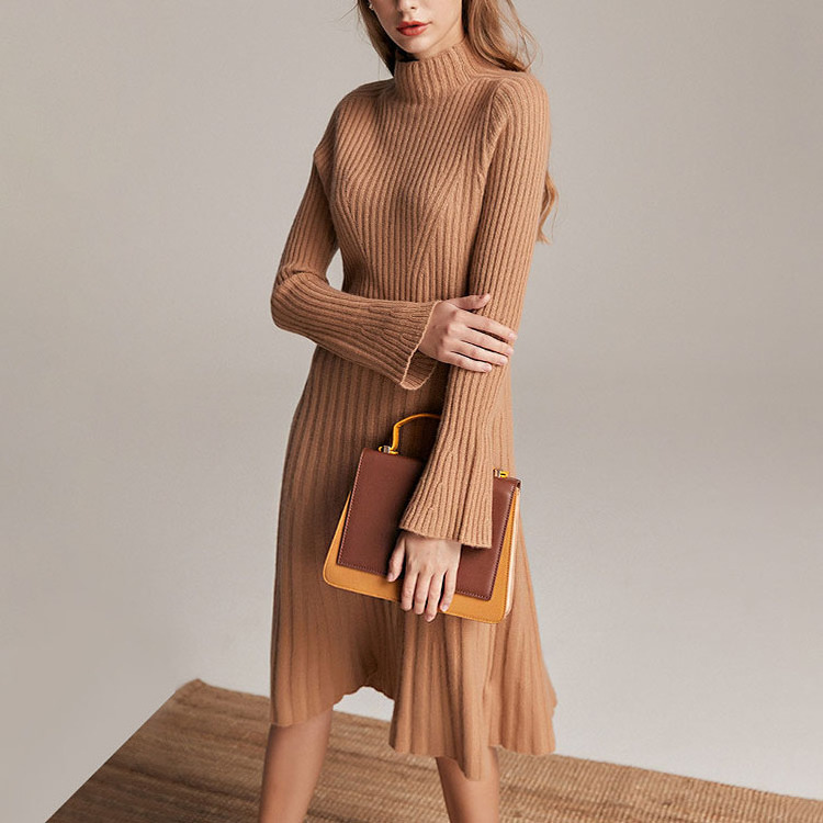 Factory custom elegant women casual rib bodycon knit mock neck slim fit angora core spun yarn sweater dress autumn for ladies