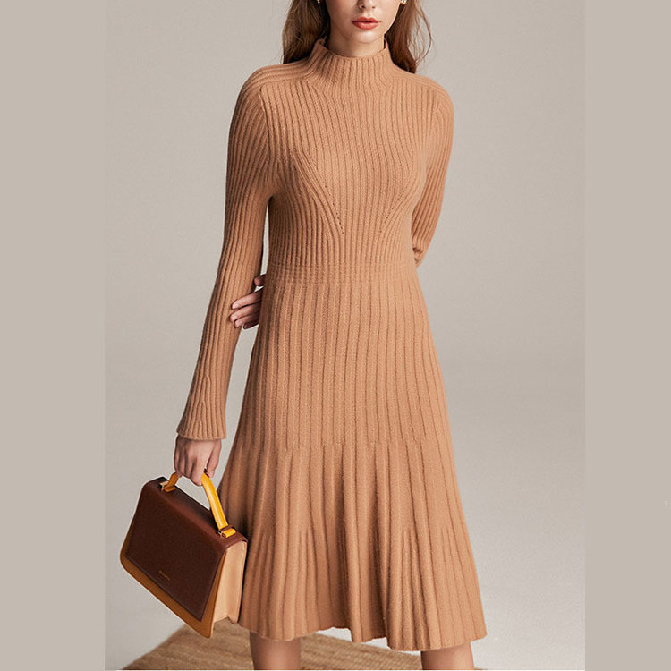 Factory custom elegant women casual rib bodycon knit mock neck slim fit angora core spun yarn sweater dress autumn for ladies