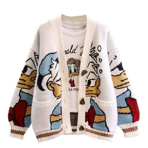 Custom Logo Oversized Knitted Embroidery Cardigan Ladies Cartoon Knit Jacquard Loose Women Cardigans Sweater With Pockets