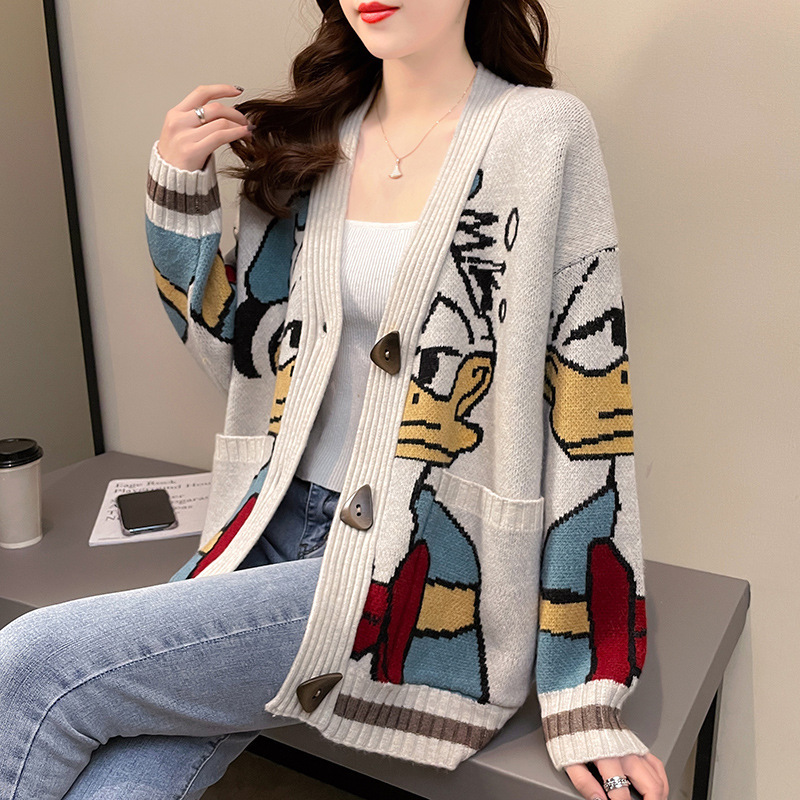 Custom Logo Oversized Knitted Embroidery Cardigan Ladies Cartoon Knit Jacquard Loose Women Cardigans Sweater With Pockets