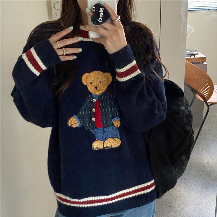 OEM Cute bear embroidery knit college style teddy bear jumpers crew neck loose pullover long sleeve sweater for girl student