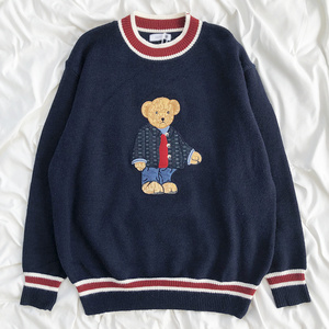 OEM Cute bear embroidery knit college style teddy bear jumpers crew neck loose pullover long sleeve sweater for girl student