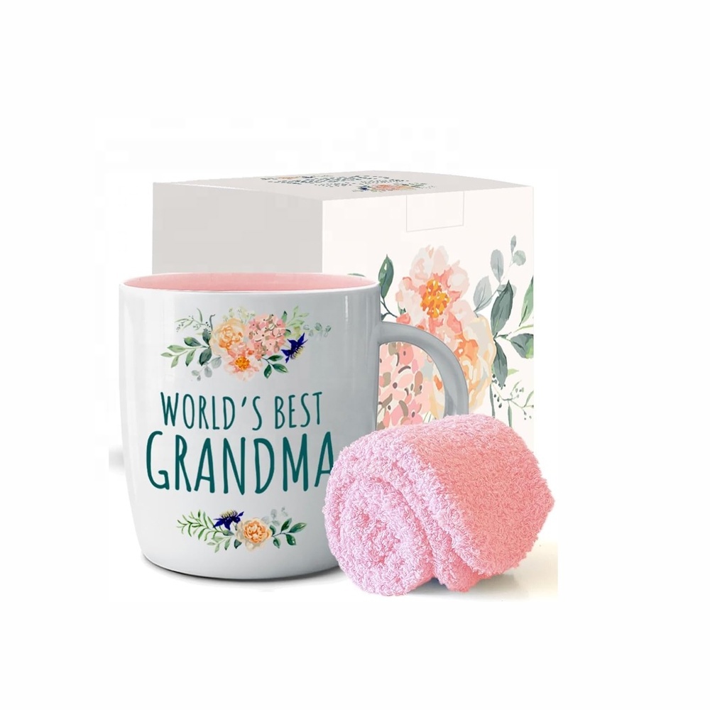 Grandma Festival Decal Design Ceramic Bulk Coffee Mug with Inside Pink Color Promotion Gift Tea Cup