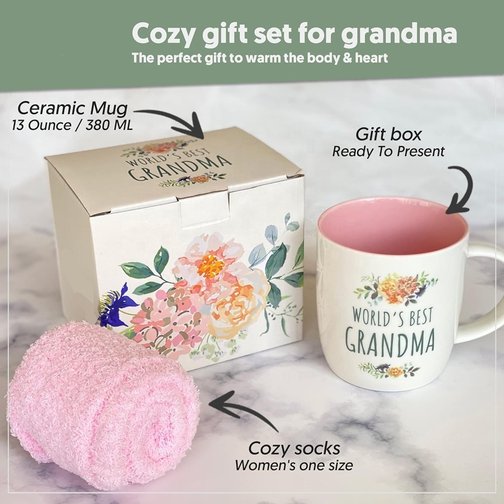 Grandma Festival Decal Design Ceramic Bulk Coffee Mug with Inside Pink Color Promotion Gift Tea Cup