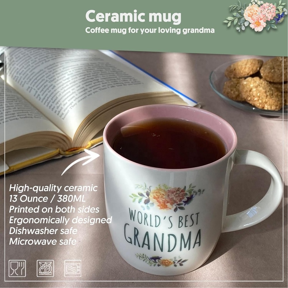 Grandma Festival Decal Design Ceramic Bulk Coffee Mug with Inside Pink Color Promotion Gift Tea Cup