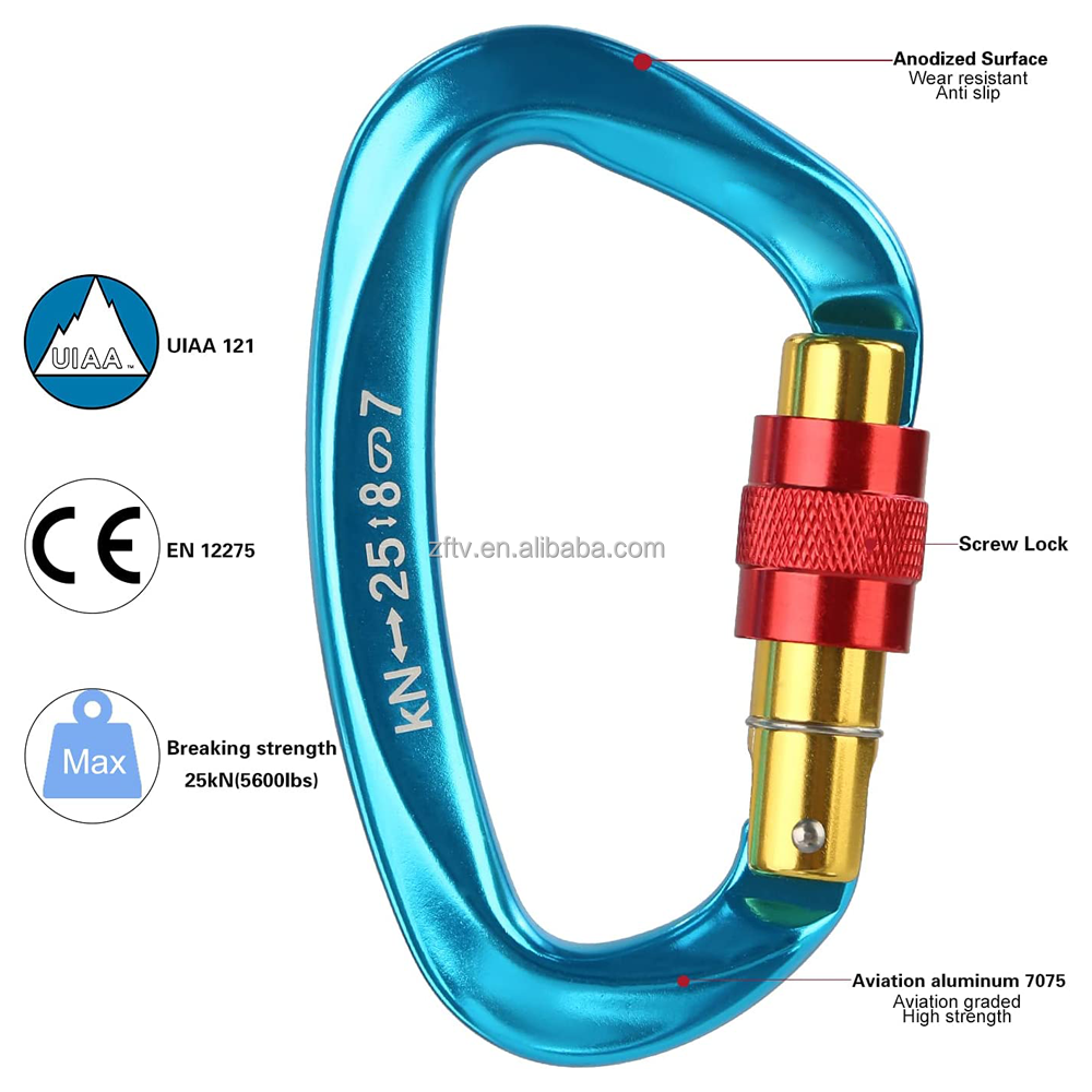 High Strength D Type 7075 Aviation Aluminum Alloy Carabiner 25KN Pull Buckle Outdoor Mountain Climbing Rock Climbing Master Lock