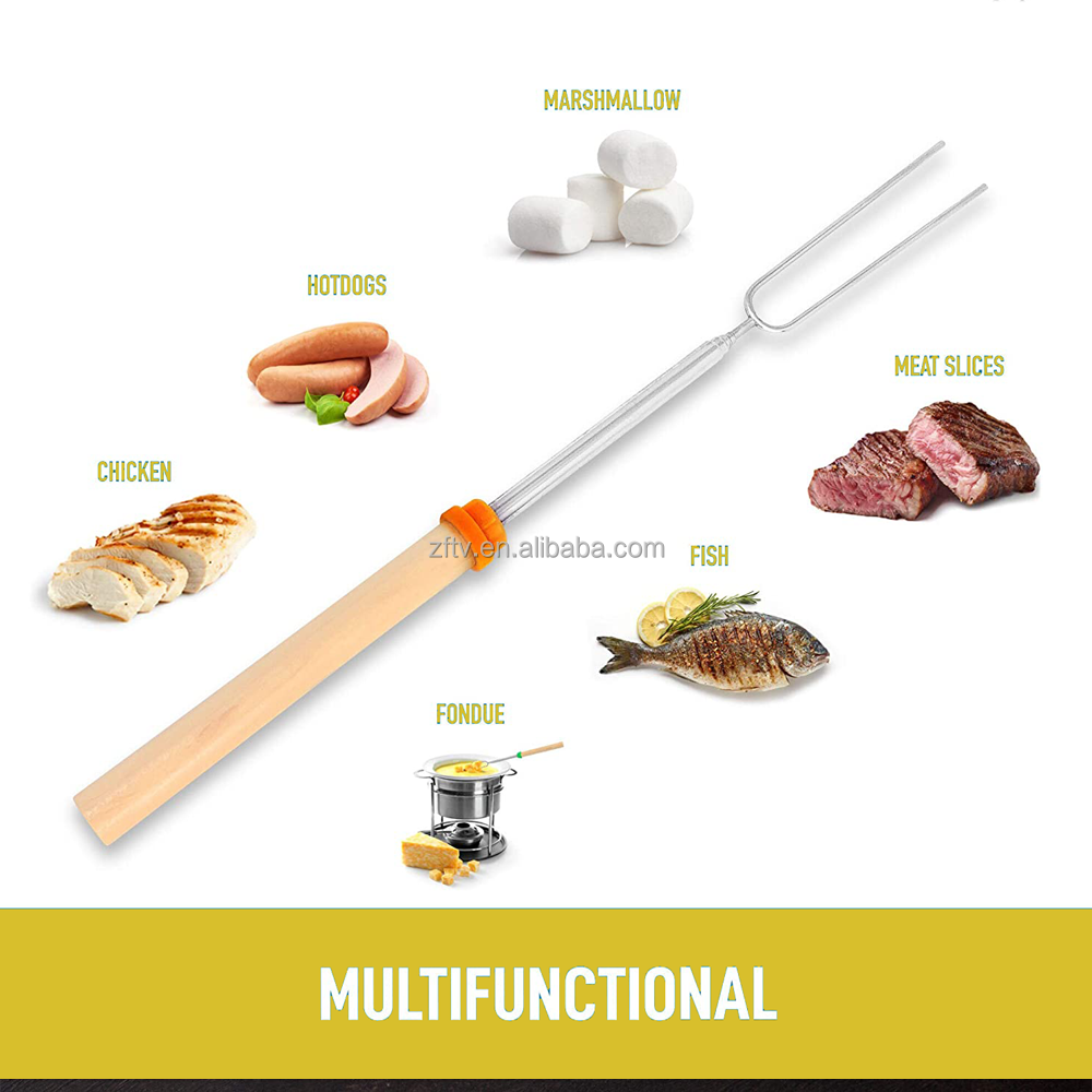 Customizable Sets Marshmallow Roasting Sticks Telescopic Smores Sticks Hot Dog Fork With Wooden Handle 31Inch