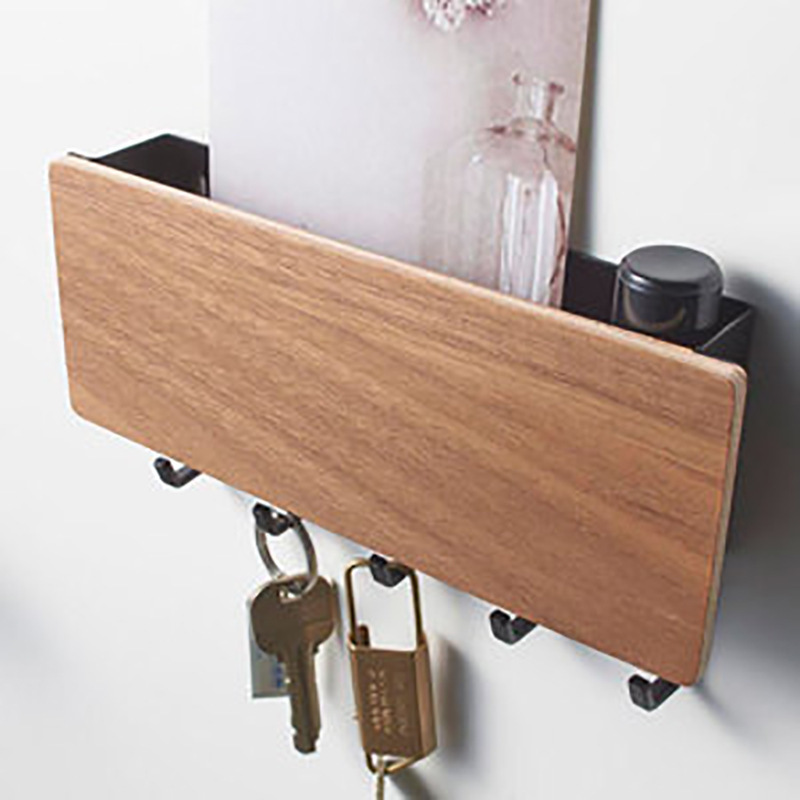 Home Entrance Wall Key Holder Hooks Punch-free Storage Box Door Entryway Multi-functional Wooden Miscellaneous Storage Rack