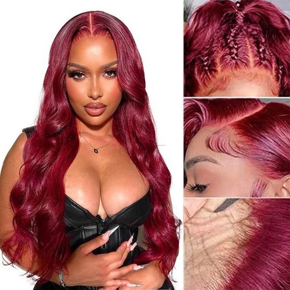 13x4 99J Lace Front Wigs Human Hair Burgundy Body Wave HD Transparent Pre Plucked  Red wig with baby hair  for women