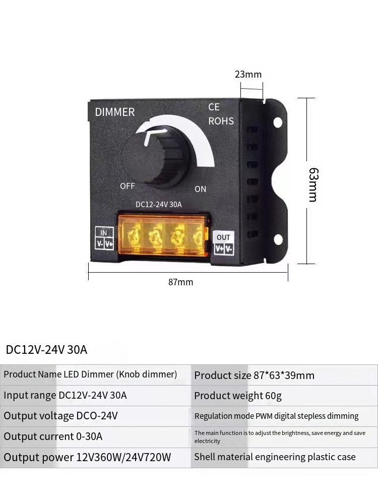 100PCS one box LED Dimmer Switch DC12V-24V 30A  PWM Dimmer Knob ON/OFF Switch with Aluminum Housing