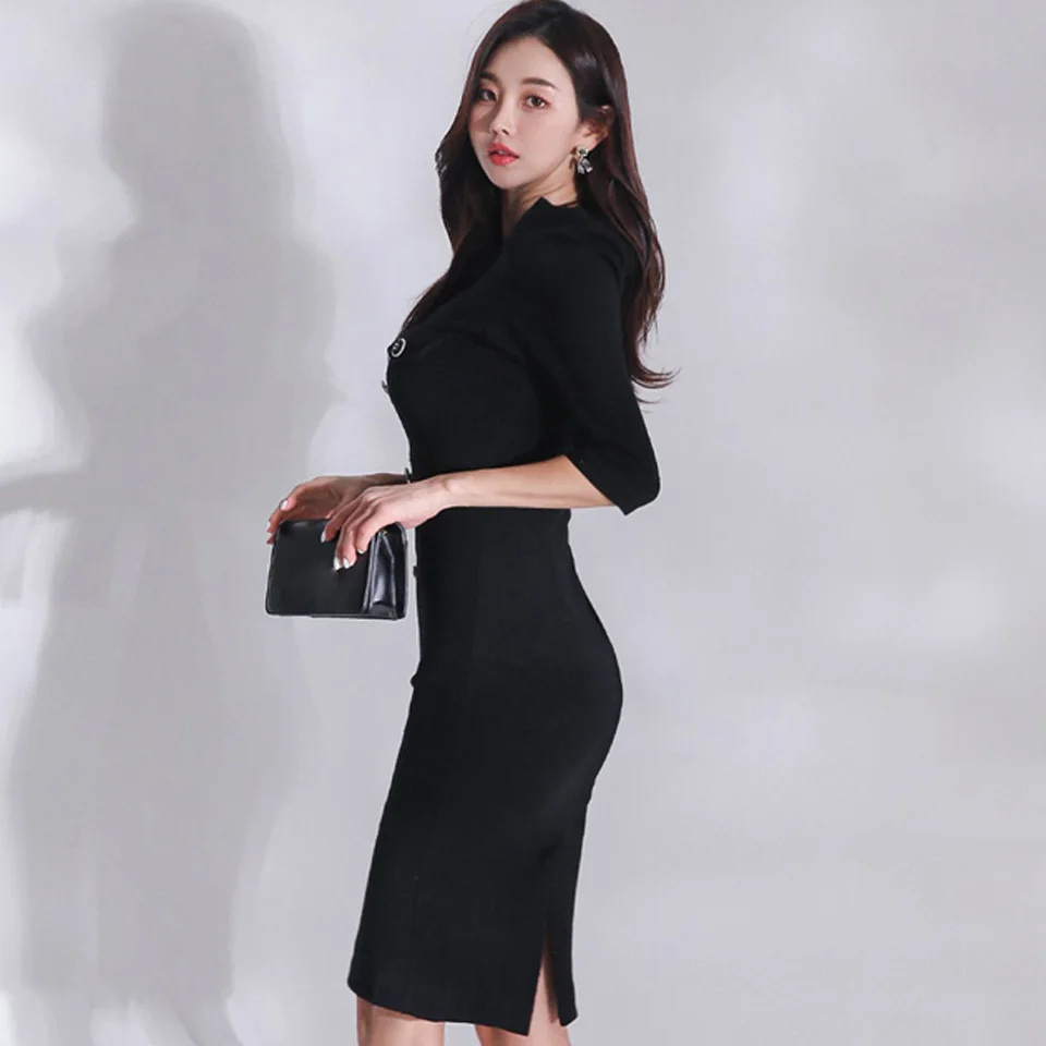 Spring Black O-Neck Half Puff Sleeve Decorative Single Breasted High Waist Tight Office Lady 2024 Career Dresses