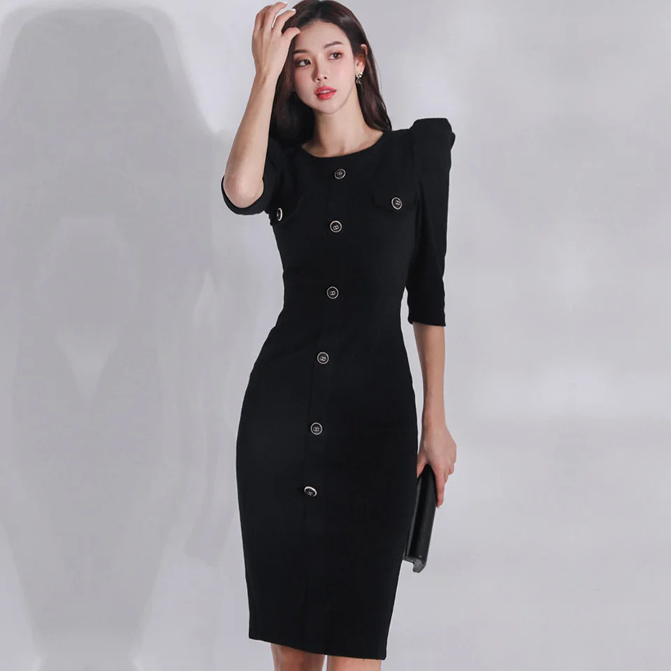 Spring Black O-Neck Half Puff Sleeve Decorative Single Breasted High Waist Tight Office Lady 2024 Career Dresses