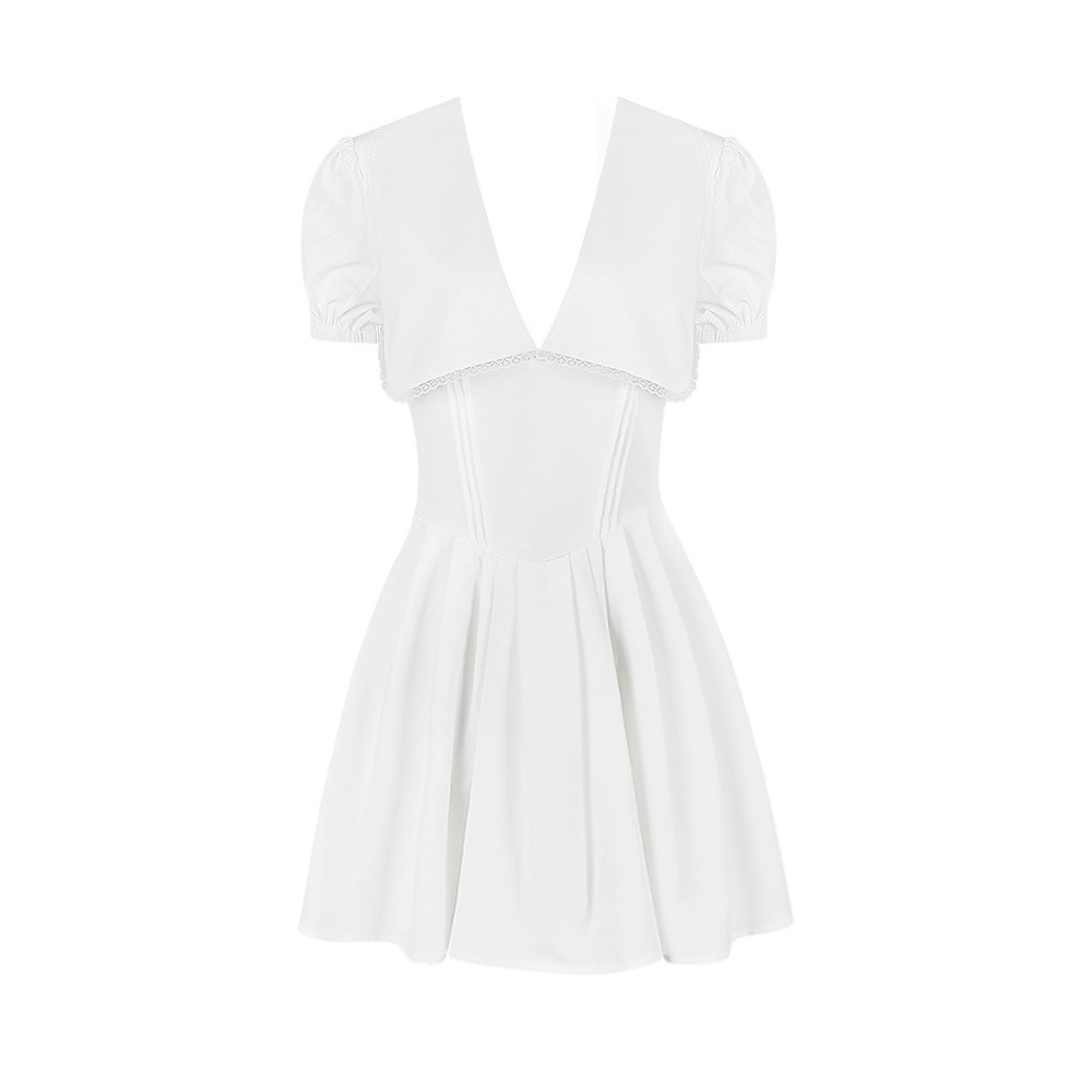 Suninheart Summer White Puff Sleeve Dress Mini A Line Dollar Collar Party Holiday Dress Casual Short Sleeve Women's Dress 2023