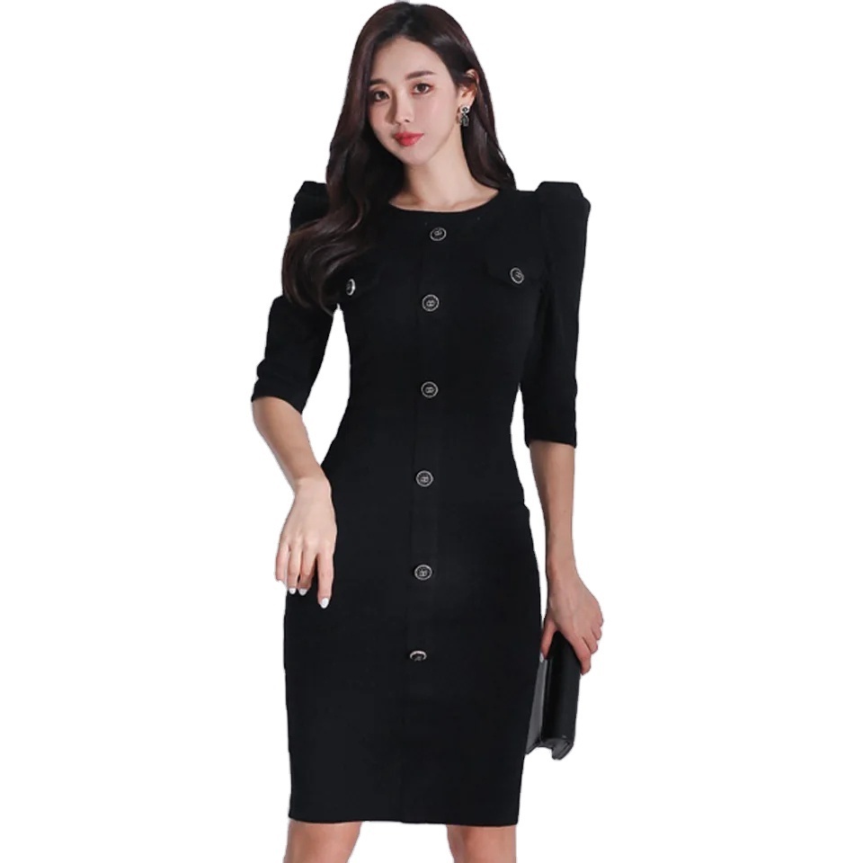 Spring Black O-Neck Half Puff Sleeve Decorative Single Breasted High Waist Tight Office Lady 2024 Career Dresses