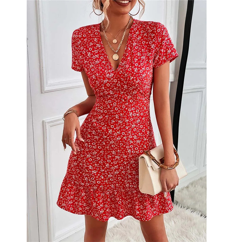 Summer Short Boho Dress Women V Neck Print Floral Party Dress Ladies Bohemian Flower Mini Dress For Women