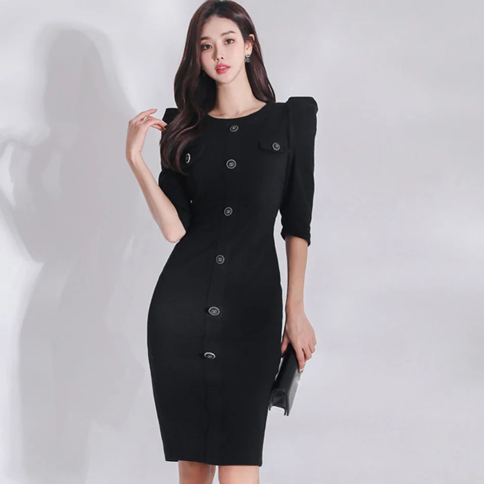 Spring Black O-Neck Half Puff Sleeve Decorative Single Breasted High Waist Tight Office Lady 2024 Career Dresses