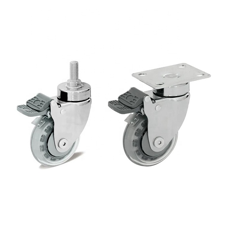 75mm 100mm Castor Transparent PU Top Plate Screw Swivel Brake 3 4 inch Caster Wheels for Medical Furniture