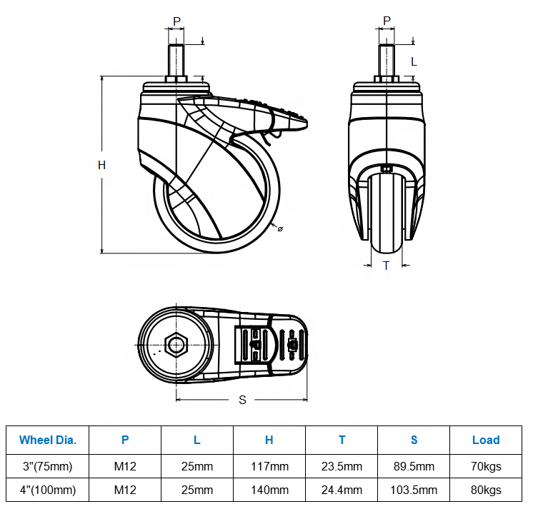 High Quality TPR 75mm ABS Caster for Cart Baby 3 Inch Casters Brake