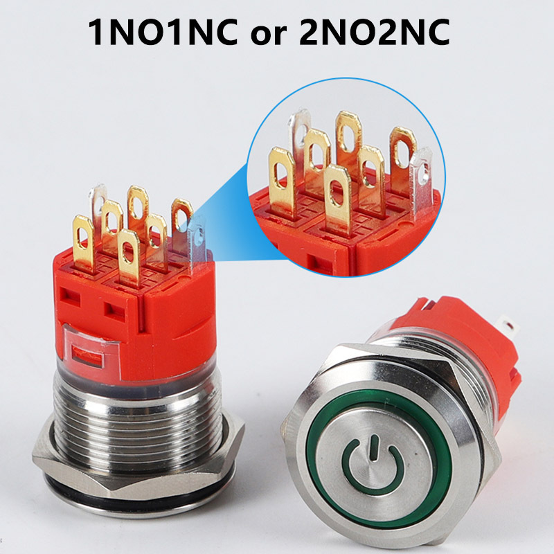 2NO2NC Waterproof buttons switches flat and high head led metal latching momentary illuminated switch 19mm push button switch