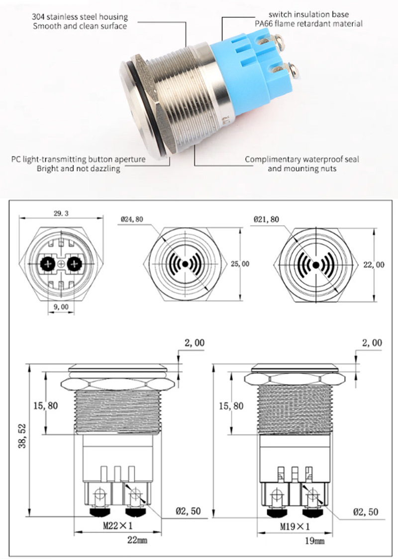 Hot selling 19mm 22mm waterproof metal buzzer IP67 stainless steel continuous sound constant light buzzer 12V24V220V