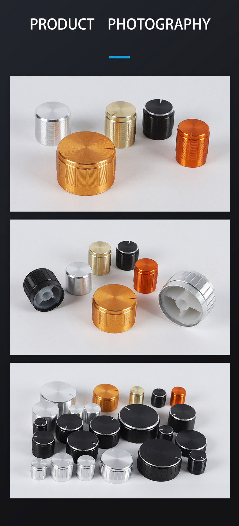 High-quality aluminum audio control knobs are available in many sizes for potentiometers