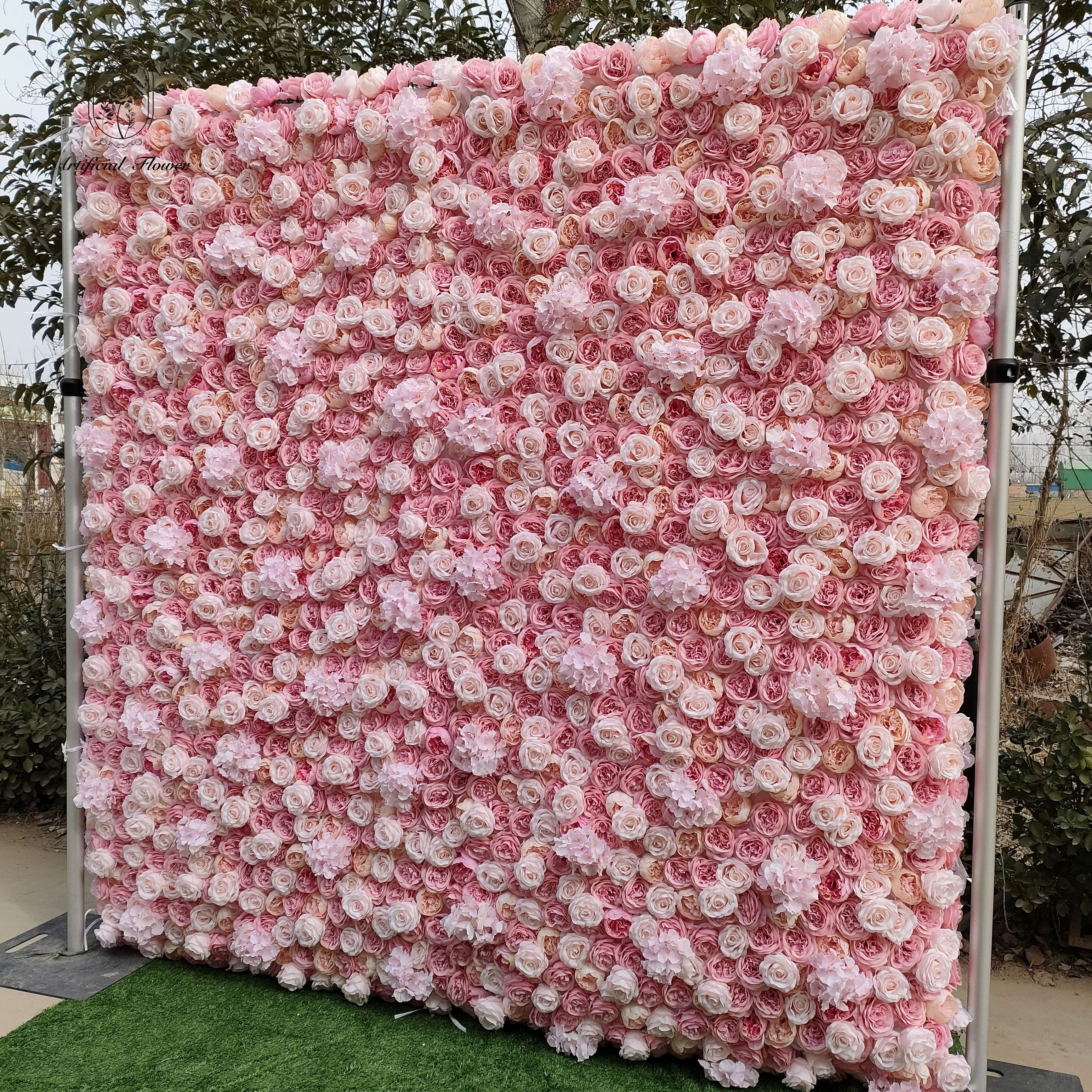 wholesale roll up flower wall 8ft x 8ft silk artificial pink rose flower wall luxury decorative flower wall backdrop