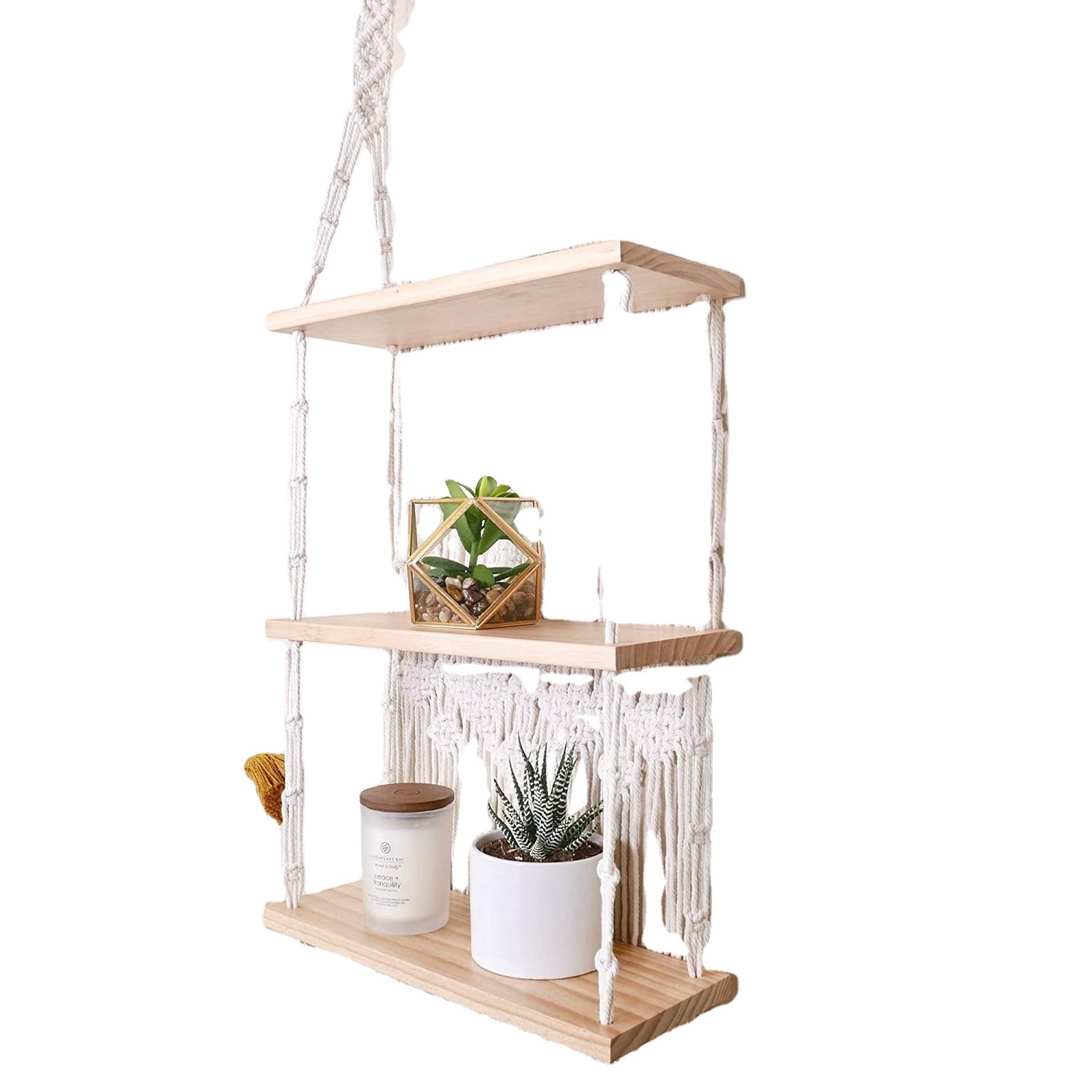 Macrame Wall Hanging Shelf with Enhanced Solid Wood Shelves and Handmade Macrame to Organize Plants and Decor