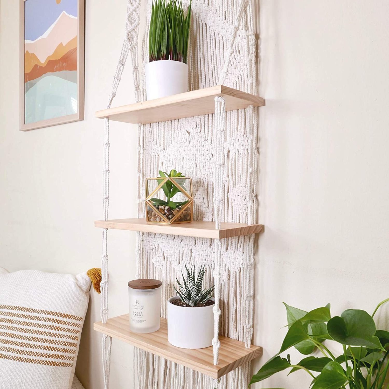 Macrame Wall Hanging Shelf with Enhanced Solid Wood Shelves and Handmade Macrame to Organize Plants and Decor