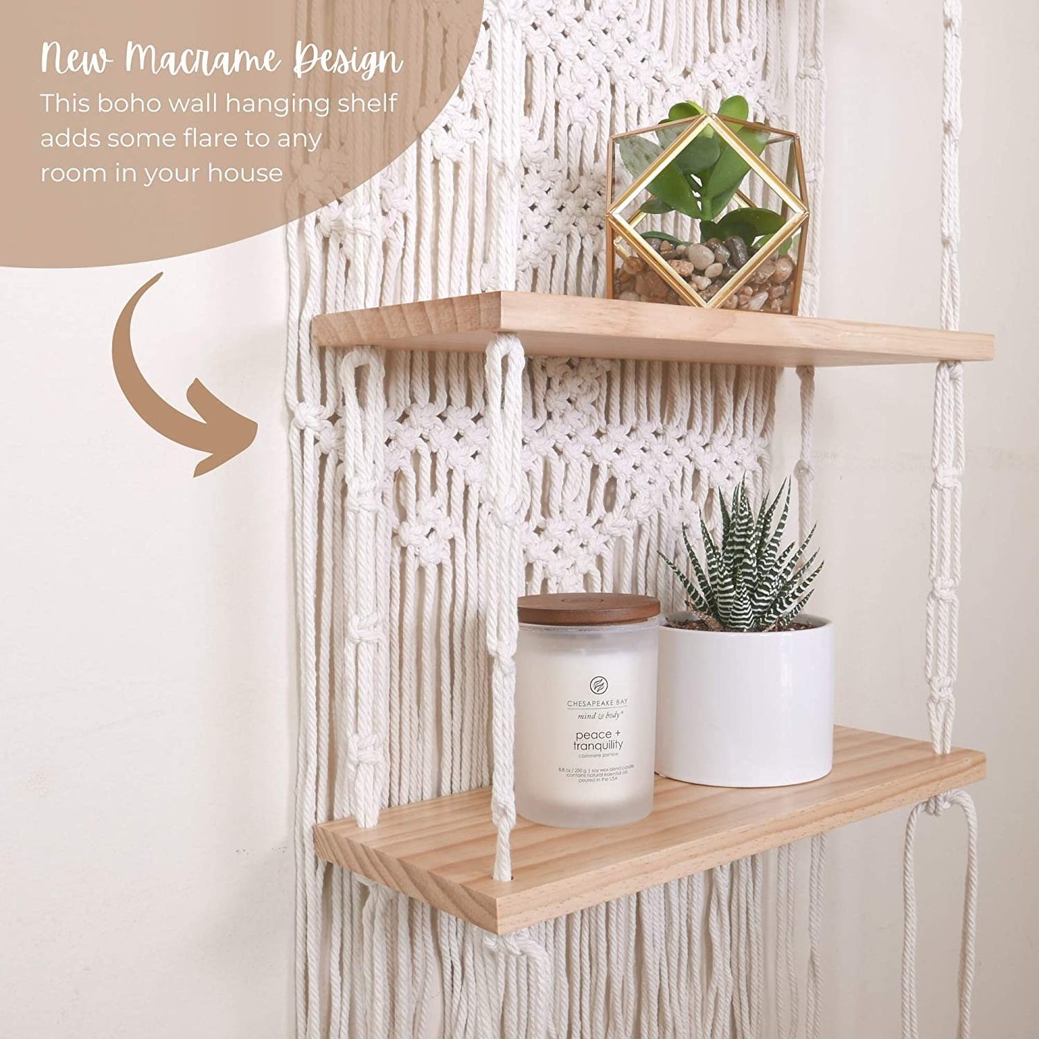 Macrame Wall Hanging Shelf with Enhanced Solid Wood Shelves and Handmade Macrame to Organize Plants and Decor