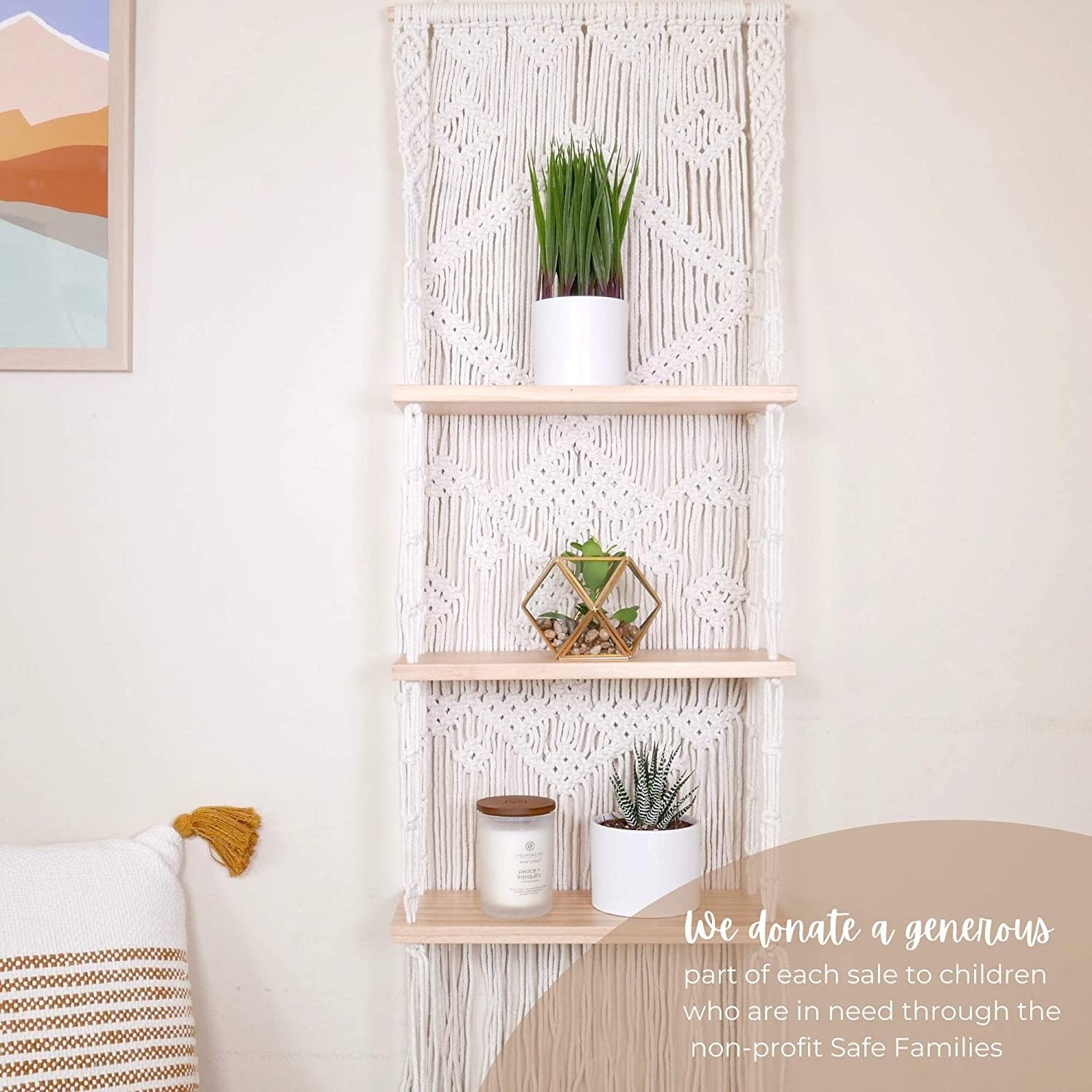 Macrame Wall Hanging Shelf with Enhanced Solid Wood Shelves and Handmade Macrame to Organize Plants and Decor