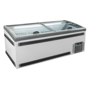 Huaer flat glass fish display frozen island ultra freezer for food